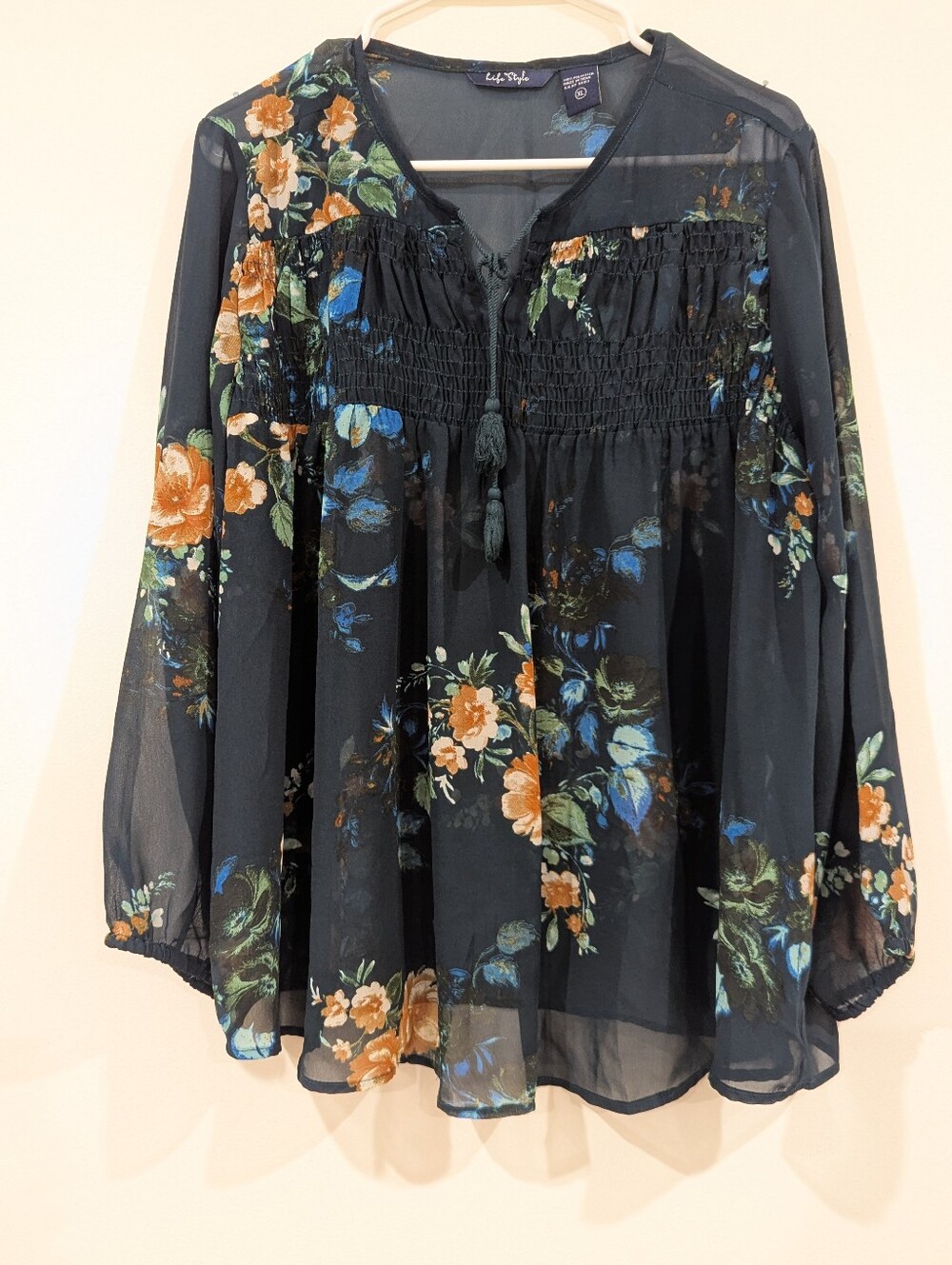 Life Style Navy Floral Smocked Peasant Blouse